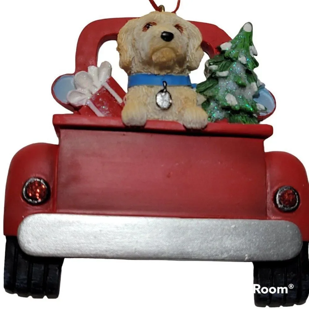 Kurt Adler Labradoodle Dog Christmas Ornament Red Truck Room to Personalize‎